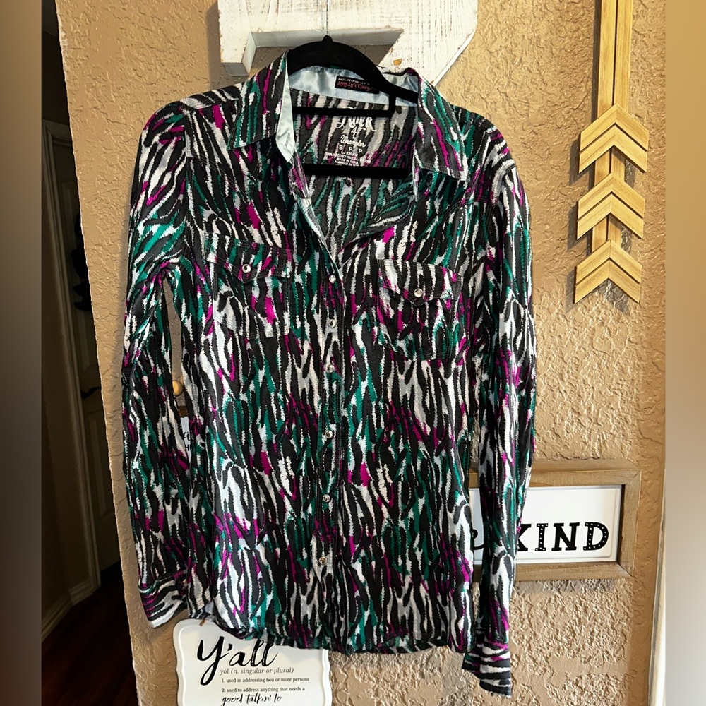 Rock 47 Wrangler Women’s Multi Colored Zebra Western Pearl Snap Size Small